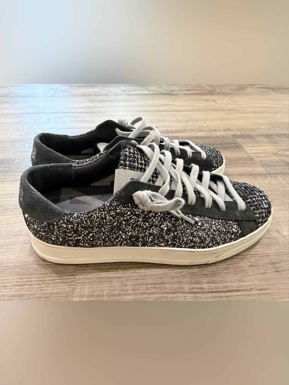 P448 John Shaka Glitter Tweed Sneakers Black Silver Sparkle Suede EU 40 US 9 - Picture 4 of 9